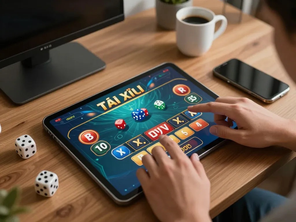 Engaging app tài xỉu gameplay displayed on a tablet, hands placing strategic bets in a modern home setting.