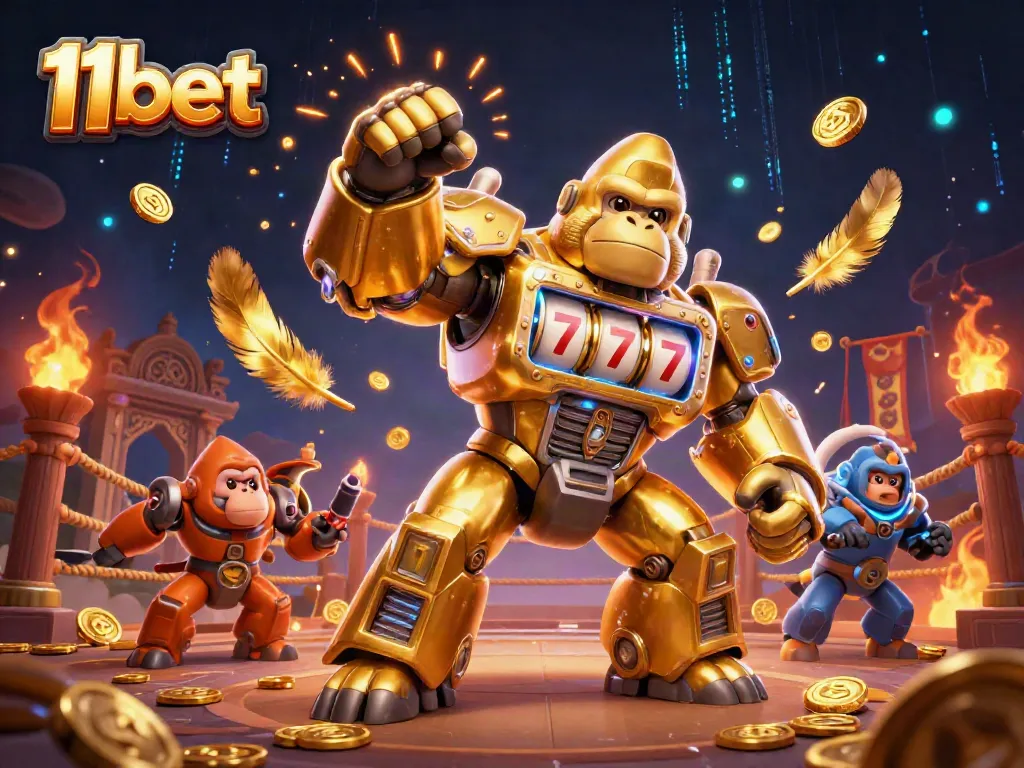 Experience the excitement of 11bet with a dynamic 3D illustration of a golden gorilla mech showcasing thrilling casino elements.