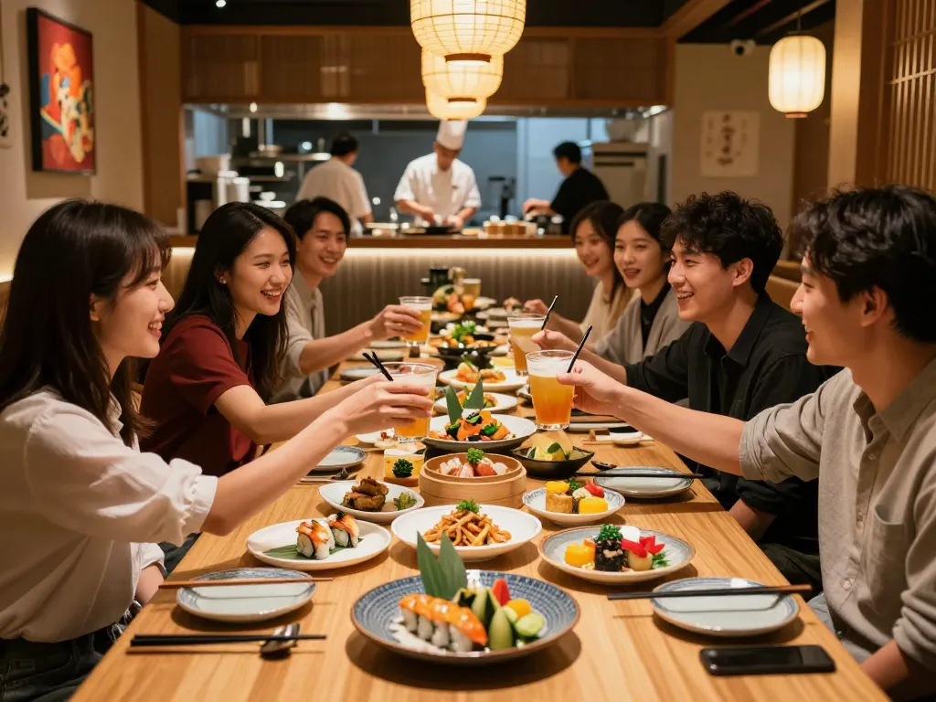 Savor vibrant dishes at RED88 with friends enjoying a lively Asian dining experience.