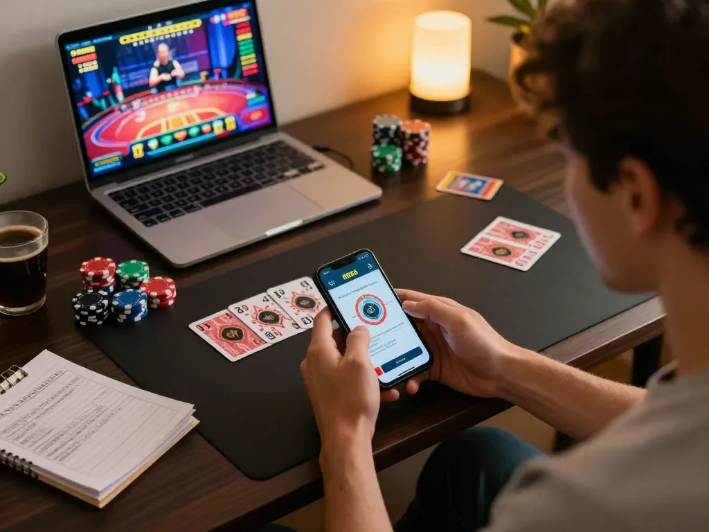 Engaged player using the RR88 App for online casino gaming during an exciting session at home