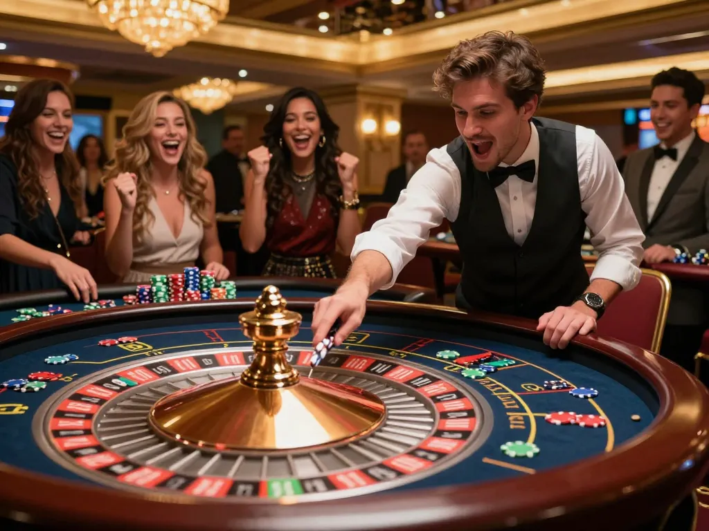 Player enjoying a roulette game at a thrilling casino table with excitement, CM88 theme.