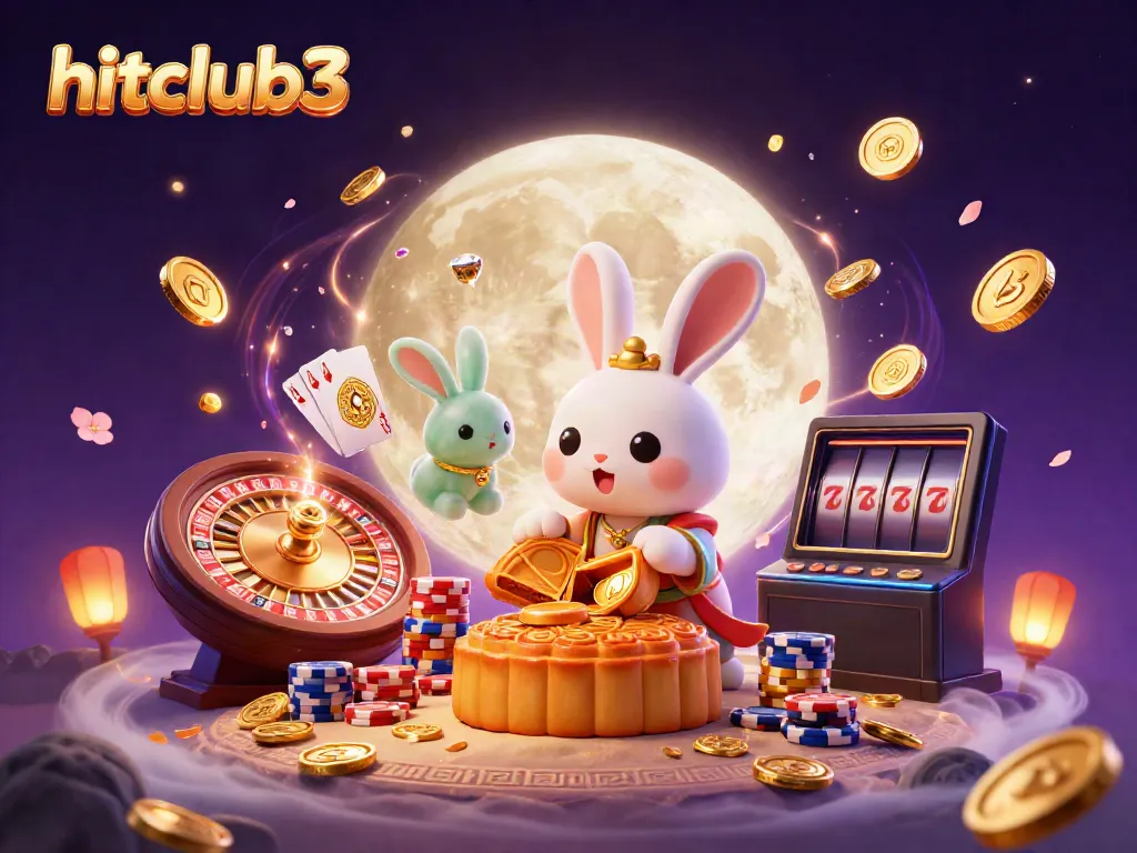 Spin and win with hitclub3 in a vibrant illustration featuring the moon rabbit and casino elements.