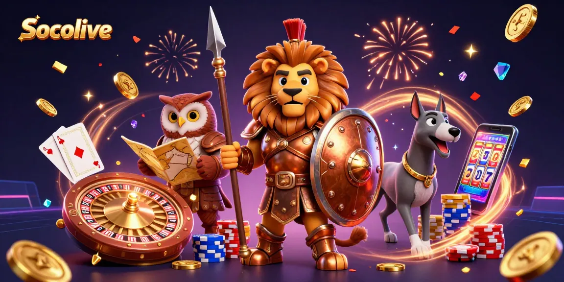 Socolive showcases an epic scene with a Spartan lion, owl strategist, and swift greyhound amidst dazzling casino elements.