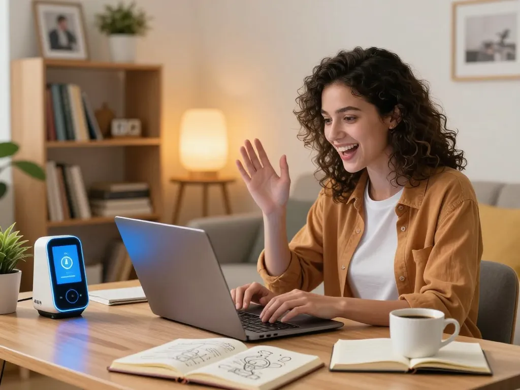 Engaging scene of a user communicating with their girlfriend AI in a cozy room, showcasing companionship and creativity.
