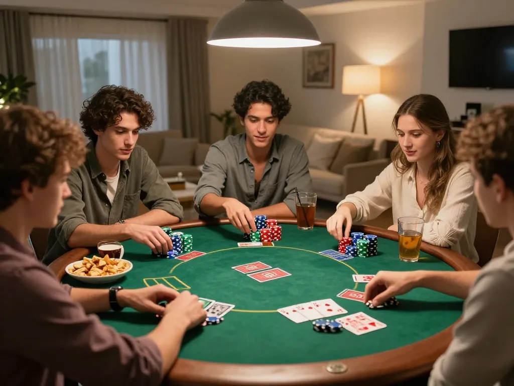 A23win players enjoying a dynamic poker game night, complete with colorful chips and strategic discussions.
