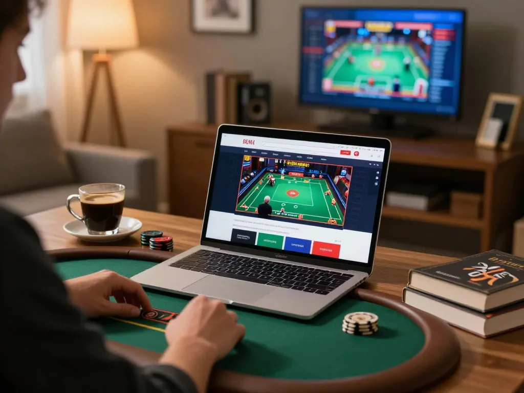 Engaging gaming moment on mm88 platform, player focused on poker strategy at home, cozy atmosphere.