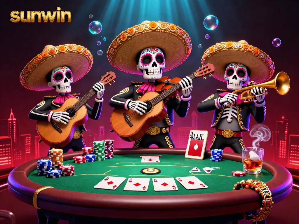Experience excitement with sunwin's vibrant 3D illustration showcasing a mariachi band at a poker table.