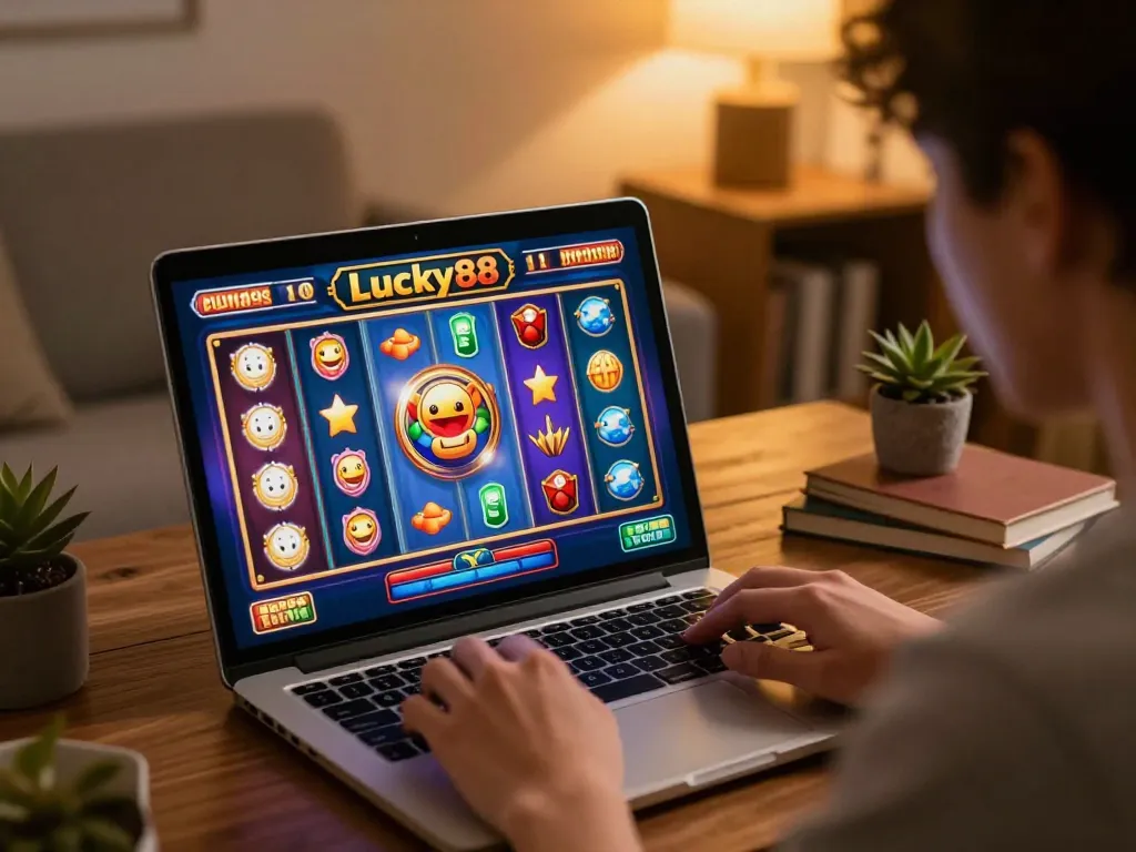 Engaging in Lucky88 casino gameplay online with vibrant slot machine interface displayed on laptop.