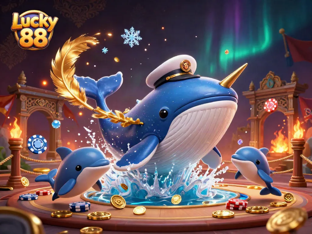 Experience the thrill of Lucky 88 with a vibrant 3D scene featuring a whale and playful dolphins.