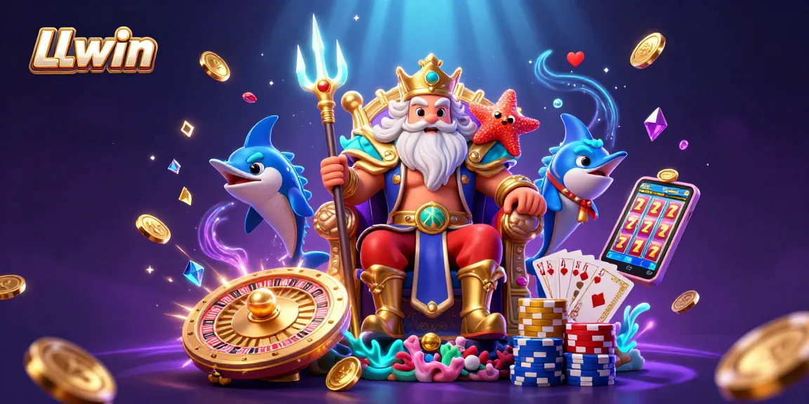 Experience thrilling gaming with LLwin's vibrant sea king and dazzling casino elements in a magical underwater scene.