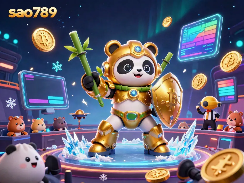 Engage in thrilling gameplay with sao789, featuring a dynamic mech-suit panda in a vibrant casino arena.