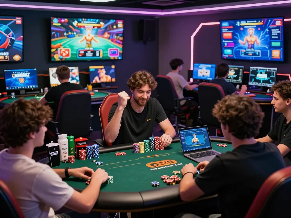 Exciting online gaming scene showcasing players enjoying OPEN88 games, vibrant atmosphere with screens showing different games.