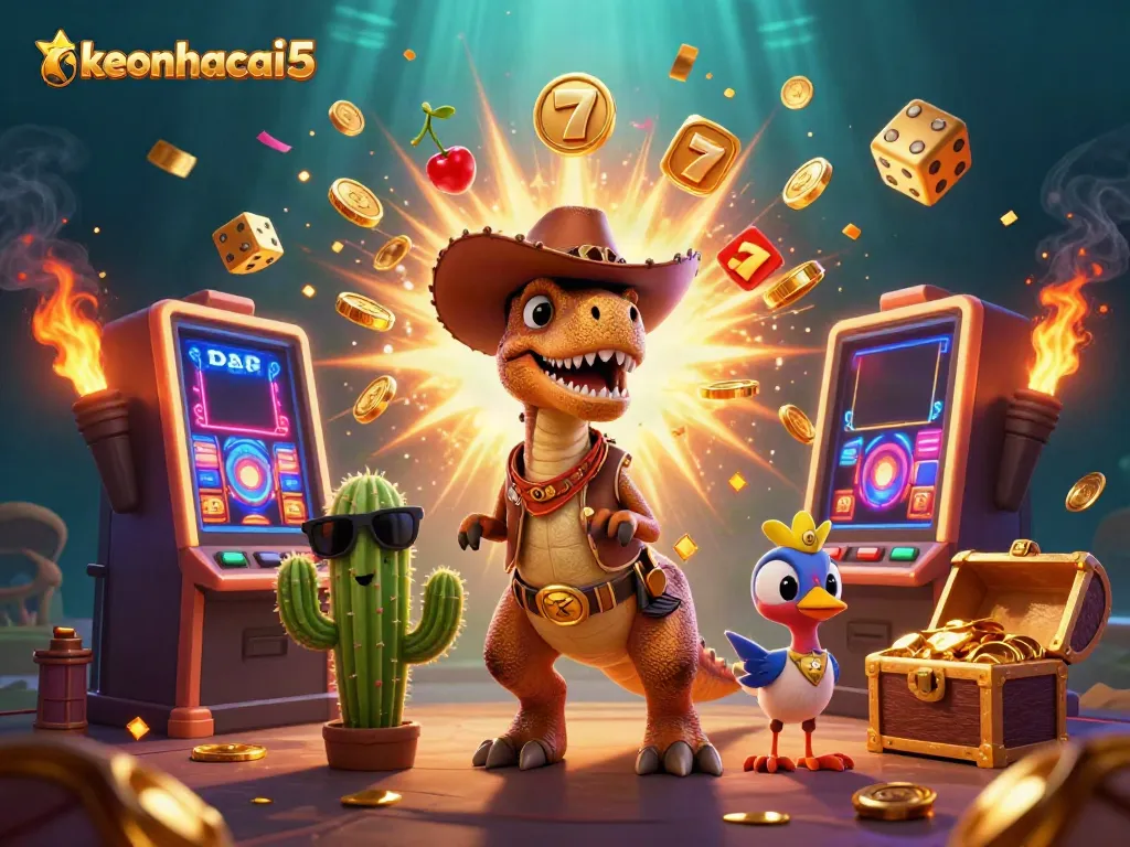 Engaging keonhacai5 illustration showcasing a T-Rex cowboy in a vibrant casino scene.