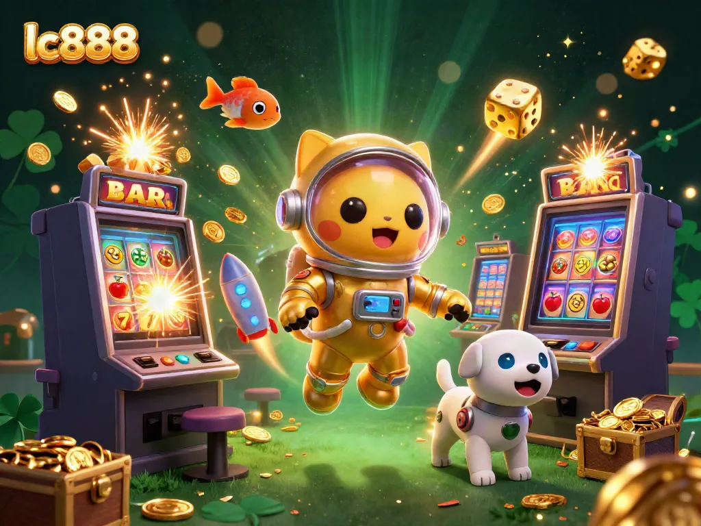 Experience the excitement of lc888 with a whimsical 3D casino scene showcasing characters and vibrant slot machine action.