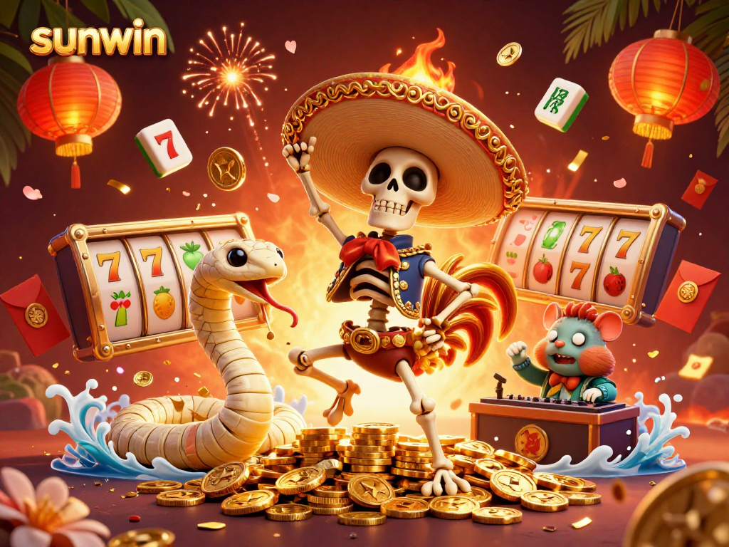Experience winning moments with sunwin in a lively 3D casino scene filled with vibrant characters and game elements.