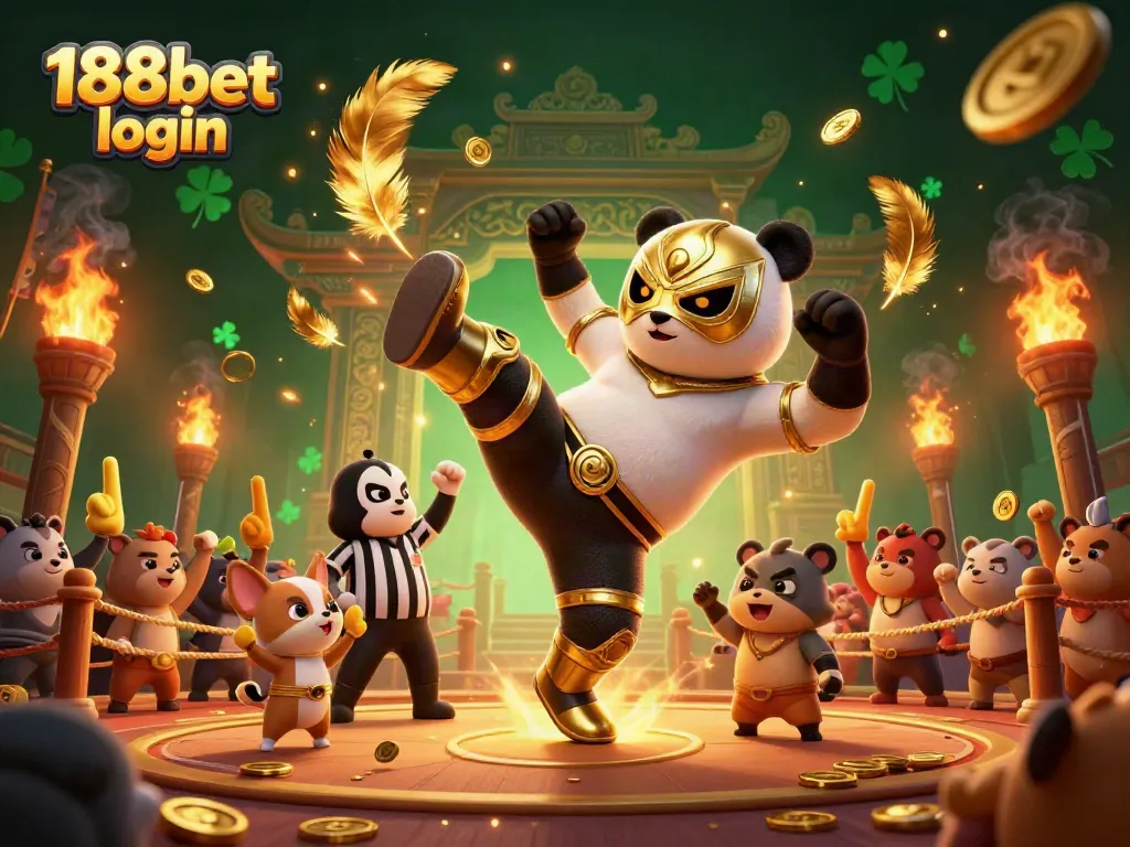 Join the excitement of 188bet login with a thrilling 3D digital illustration showcasing a panda wrestler in action.