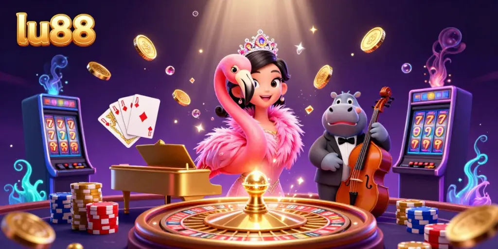 Experience the vibrant casino atmosphere at lu88 with a singing flamingo and hippo bassist, surrounded by dazzling gambling elements.