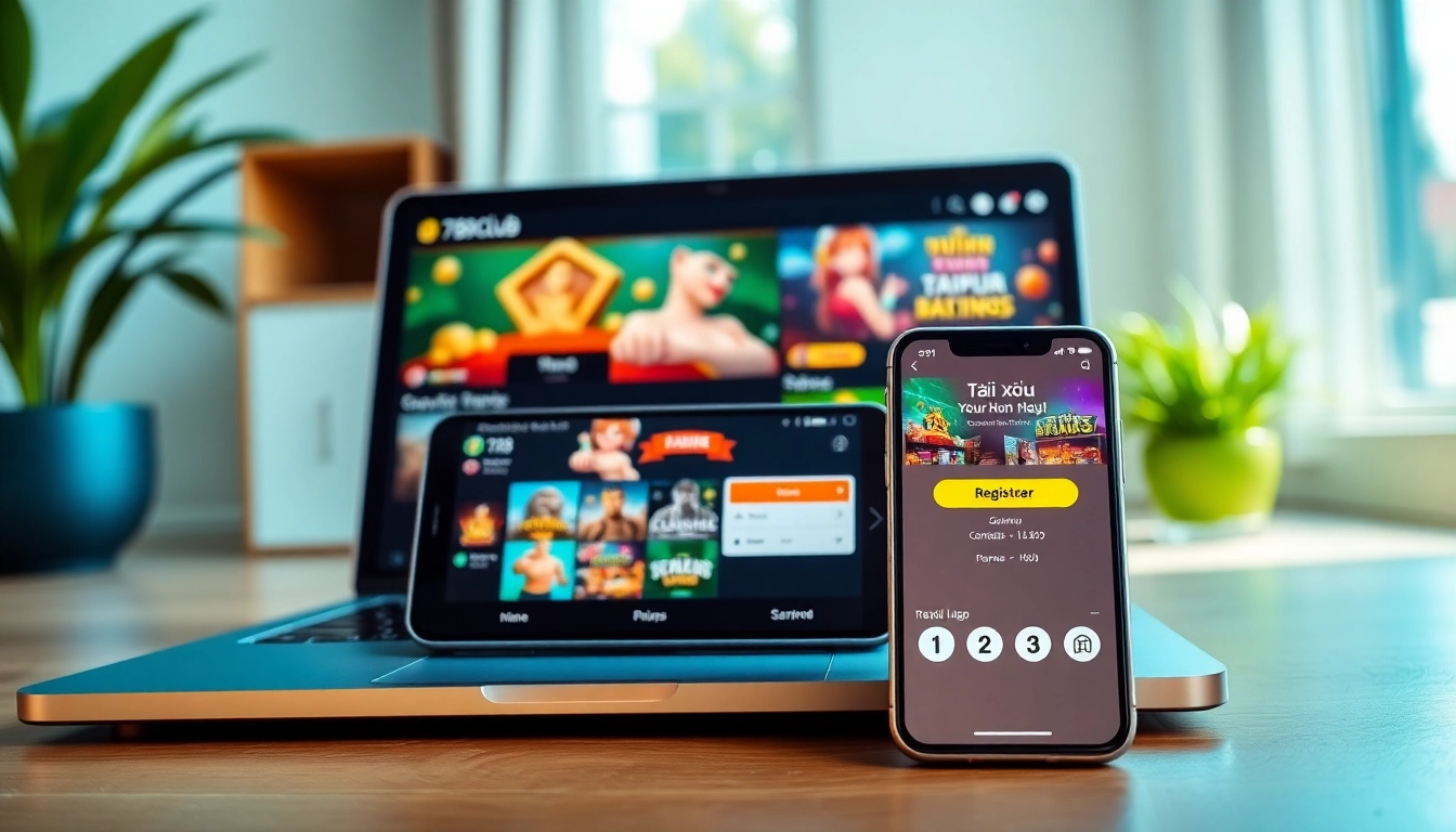 Hướng Dẫn Đăng Ký 789club Chi Tiết Và Dễ Hiểu featuring laptop and smartphone interfaces showcasing vibrant gaming experiences.