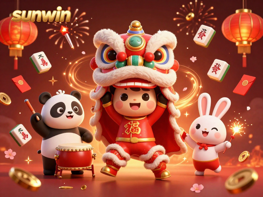 Spin and celebrate with sunwin's vibrant casino atmosphere featuring festive characters and exciting game elements.