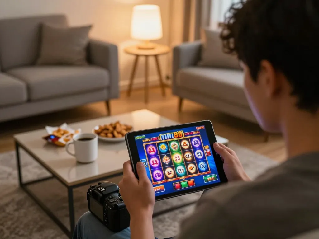 Player enjoying mm88 slots on a tablet in a cozy home setting with snacks and warm lighting.