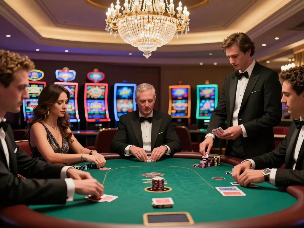 Players at VIP gaming table enjoying high-stakes poker at nhà cái vip66 casino, showcasing excitement and luxury.