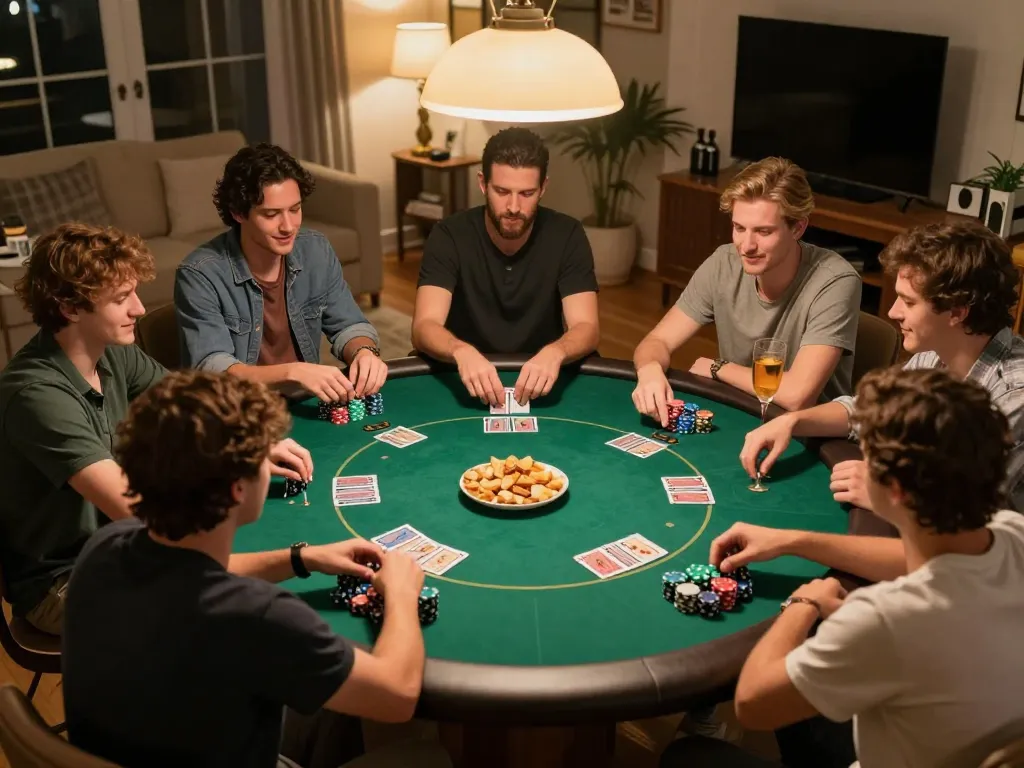 Hitclub home poker night with friends, chips stacked, cards dealt, and lively atmosphere.