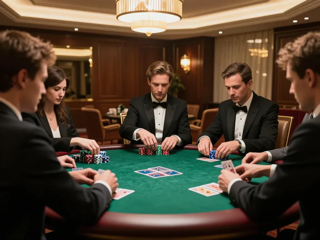 A thrilling high-stakes game at https://five88.miami/ featuring players analyzing cards in a luxurious private poker room.