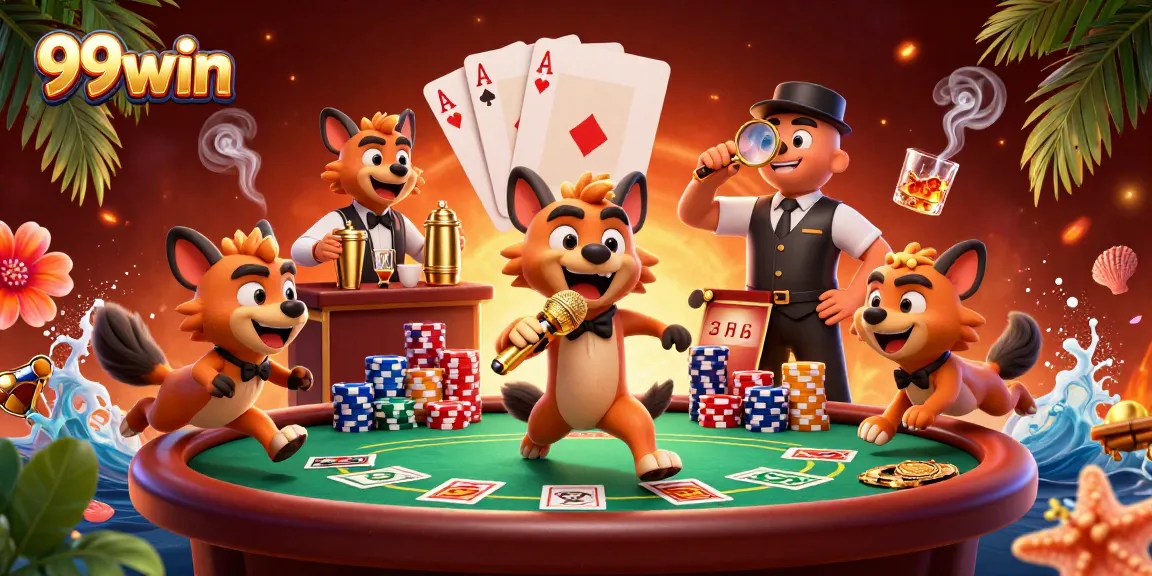 Experience the thrill of 99win with a lively comedy casino scene featuring engaging hyena characters.