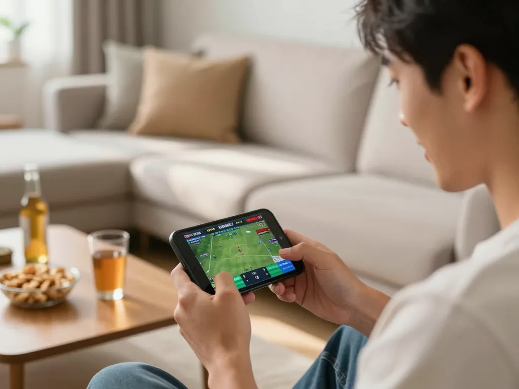 Player enthusiastically using tr88 app for real-time sports betting in a cozy home setting