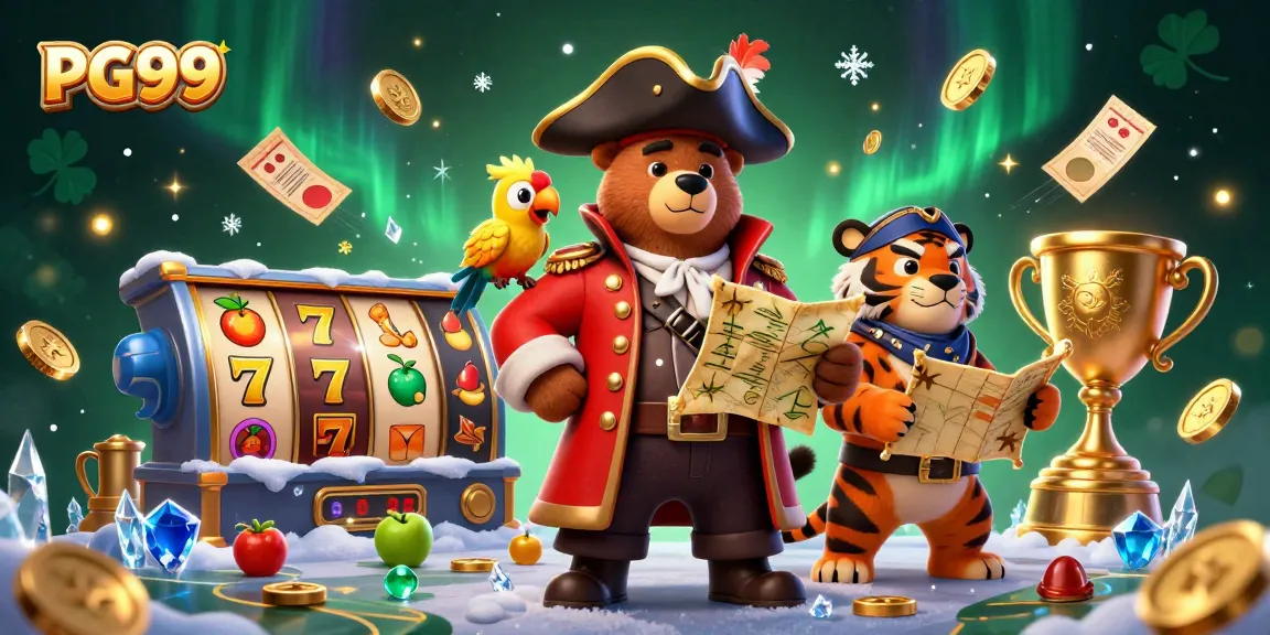 Spin the reels at PG99 with the pirate bear captain and his tiger mate in a vibrant casino scene.