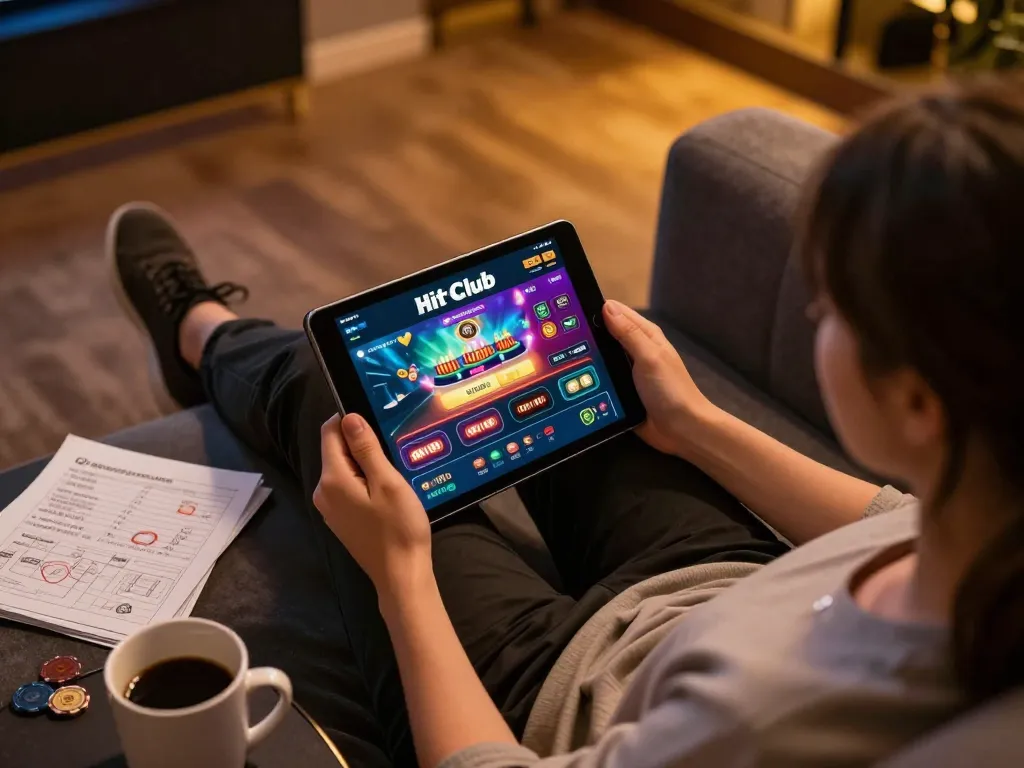 Engaged player exploring Hitclub app for online casino gaming from their home.