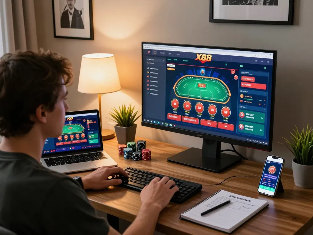 Player engaging in online gaming at https://x88.design/ with desktop setup, poker chips and strategies visible