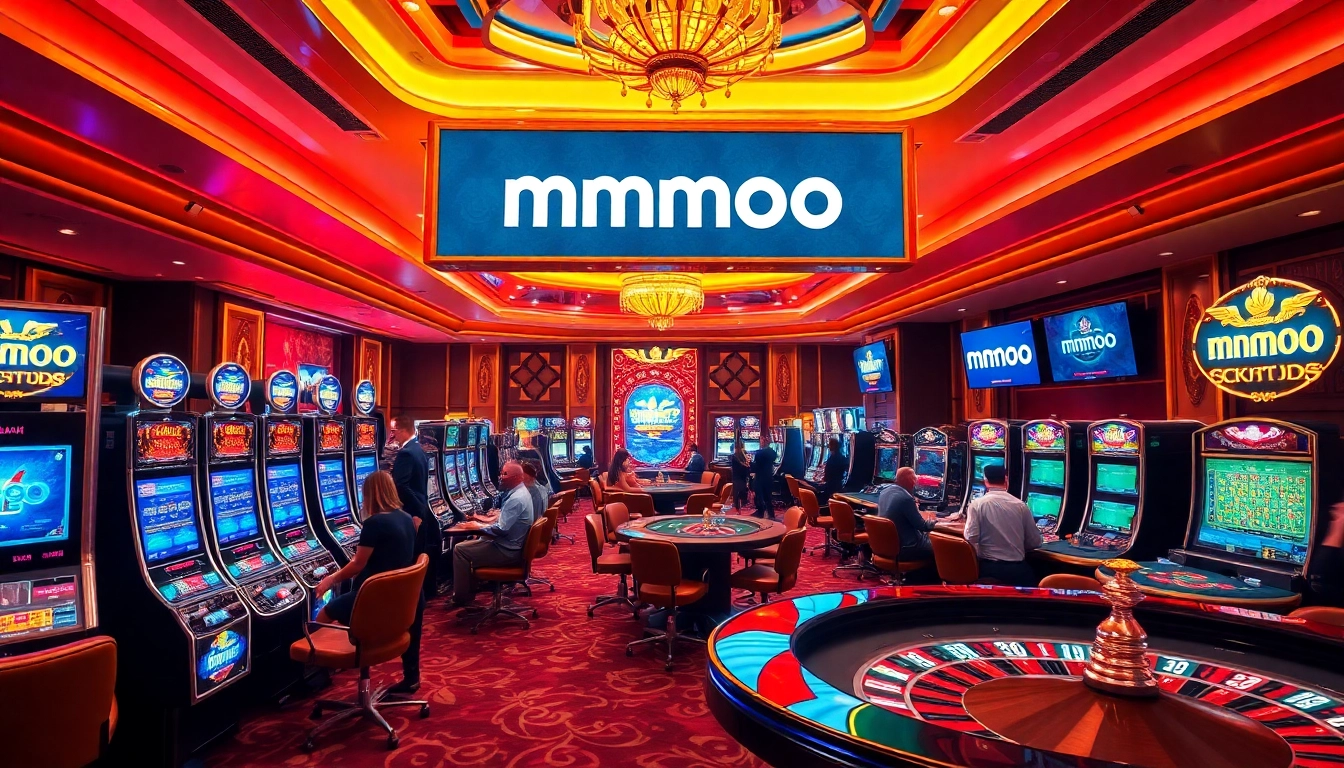 Experience vibrant casino action at MMOO with slot machines and poker tables in a luxurious setting.