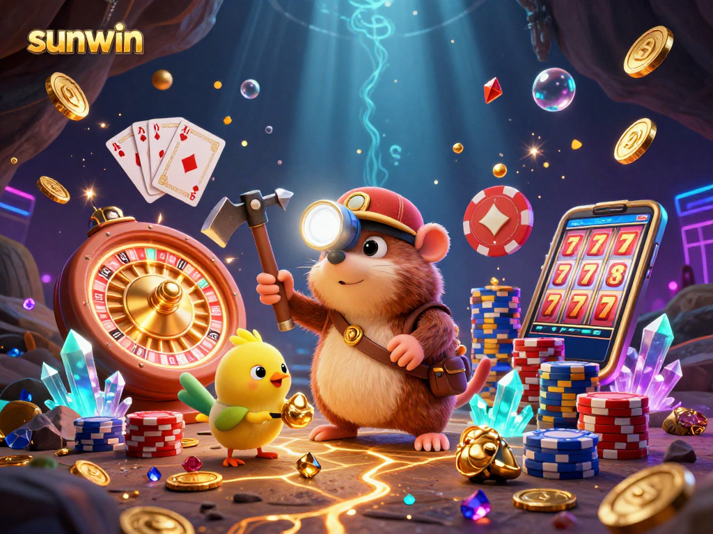 Mining riches with sunwin: a cartoon mole and canary amidst cascading casino treasures.