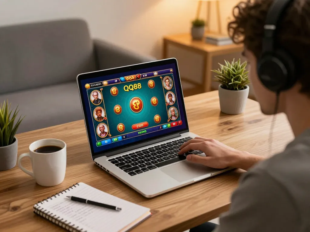 Player engaging with QQ88 online gaming on laptop, showcasing strategic gameplay in a cozy home setting.