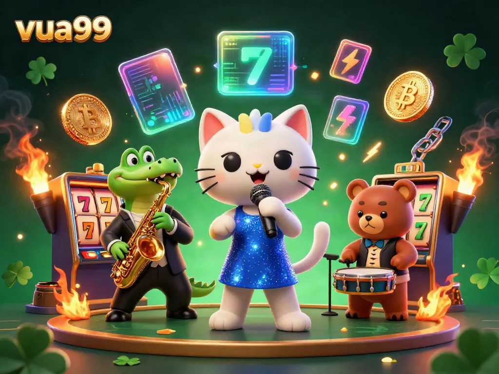 Win big at vua99 with a vibrant casino scene featuring a jazzy cat, crocodile, and bear, amid colorful slots and crypto coins.