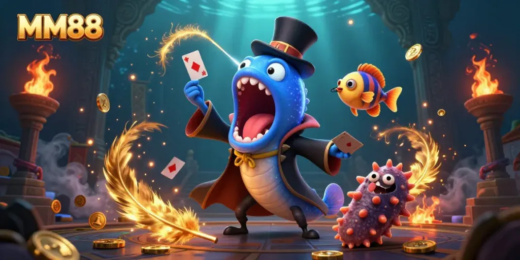 MM88 offers an engaging casino experience with dynamic elements surrounding a bioluminescent deep-sea guler eel magician.