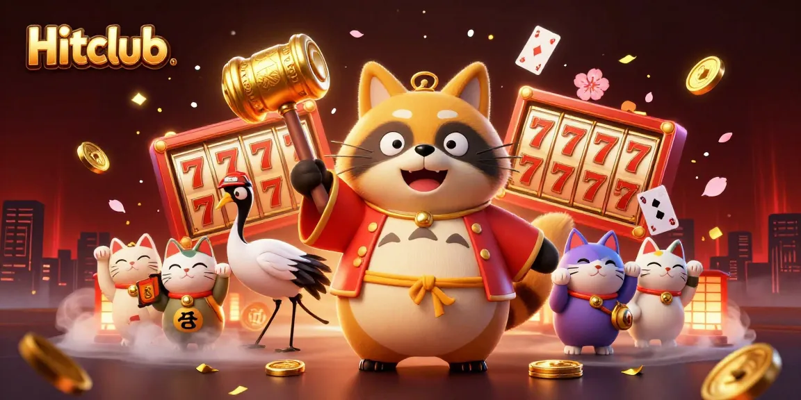 Hitclub interactive scene featuring a cheerful tanuki and lucky symbols enhancing your gaming experience.