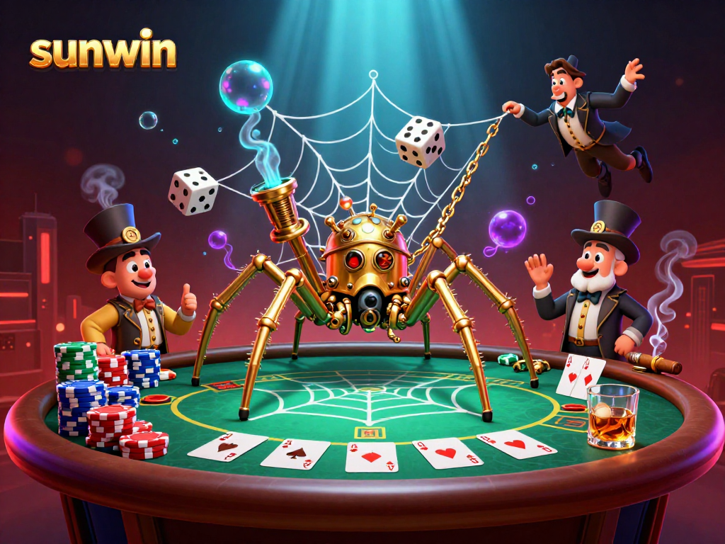 Engaging scene with sunwin's steampunk spider and poker action, capturing vibrant casino elements.