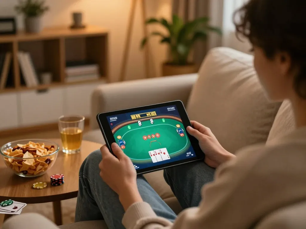Engaging home poker scene while playing on https://cm888.mobi/ tablet, showcasing a cozy ambiance and snacks.