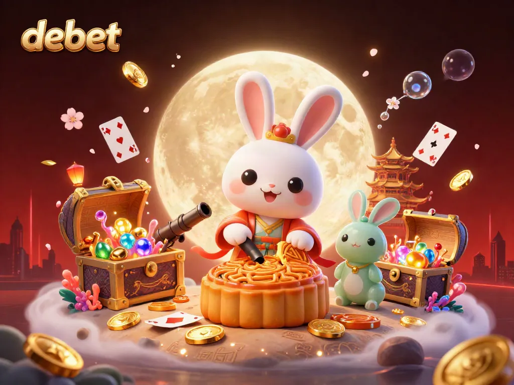 Engage with the magical debet scene featuring a folklore rabbit pounding golden mooncakes revealing poker chips against a mystical moon backdrop.