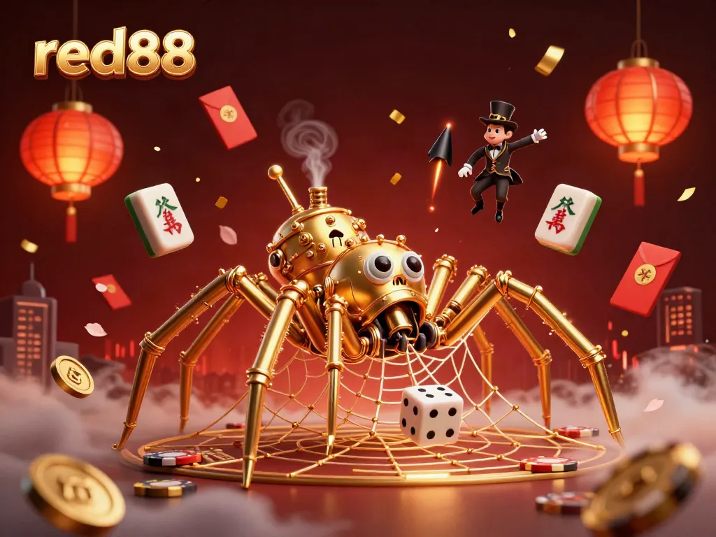 Engage with thrilling games at red88 through this dynamic 3D illustration showcasing steampunk elements and vibrant casino motifs.