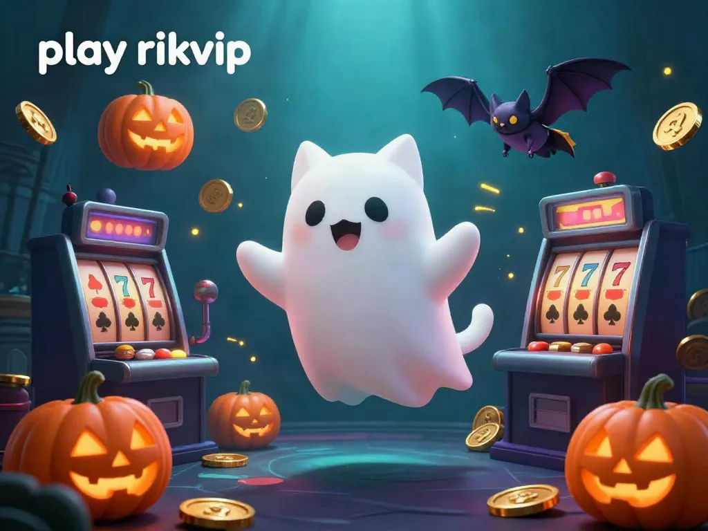 Play rikvip in an enchanting casino scene featuring a friendly ghost cat and glowing jack-o-lanterns.