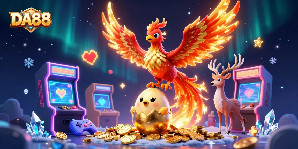 Engage with the thrilling DA88 gaming experience, featuring a majestic phoenix and dynamic casino elements in action.