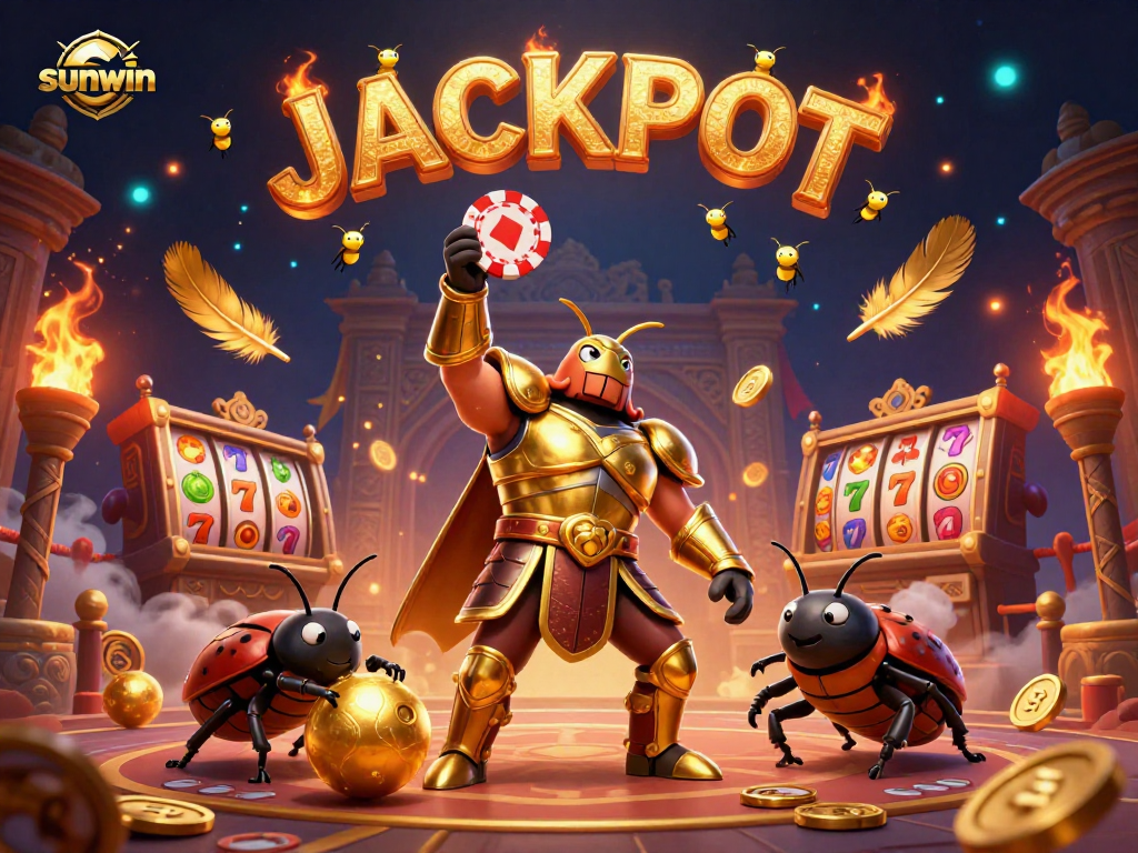 Illuminate your gameplay with the sunwin casino jackpot scene featuring a victorious beetle lifting a poker chip.