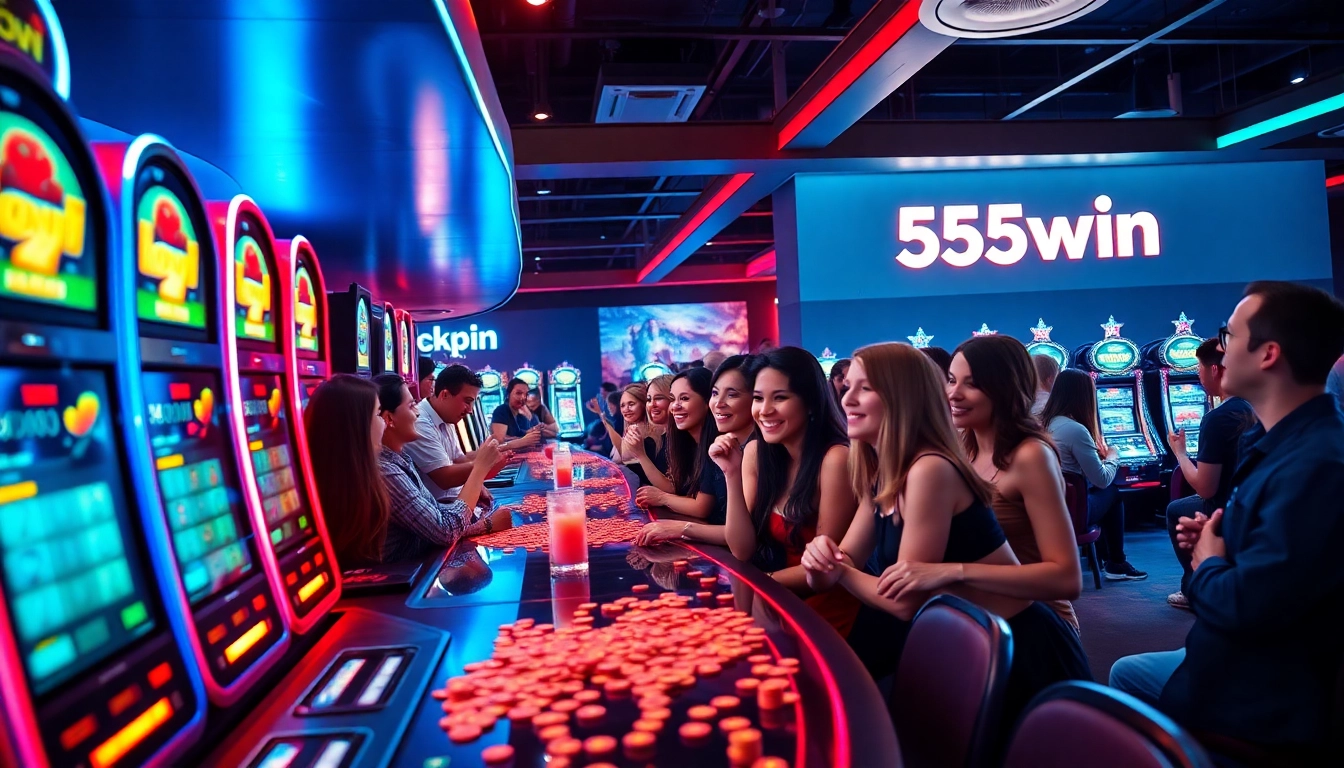 Exciting gaming scene featuring 555win slot machines and joyful players in a vibrant lounge atmosphere.