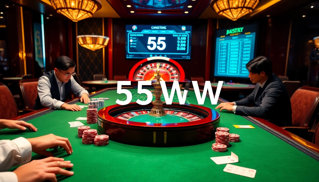 Experience high-stakes gaming with 55WW at a vibrant casino table filled with action!