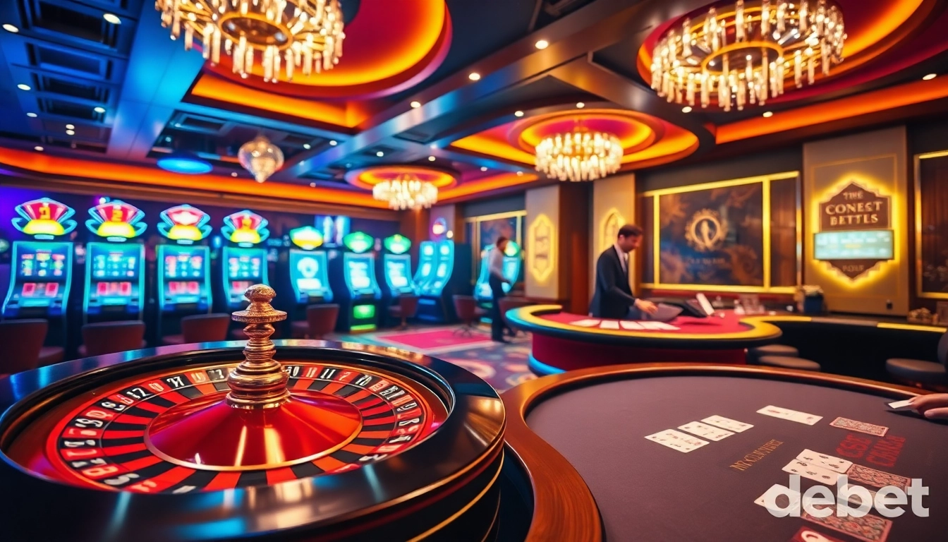 Experience thrill at debet with an exciting casino scene featuring roulette and poker tables.
