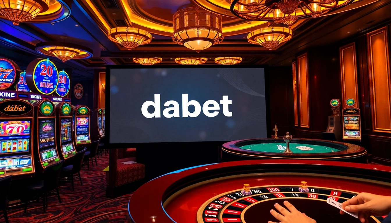 Dabet online gambling interface showcasing a vibrant casino atmosphere with poker chips and roulette.