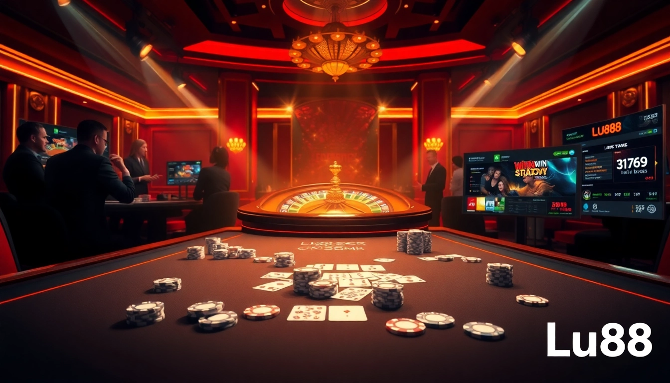 Lu88 players enjoying an exciting casino experience with poker chips and a roulette wheel.